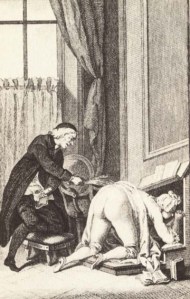 In this engraving from an early edition of the novel, Father Dirrag takes advantage of his pupil as Thérèse looks on in awe.